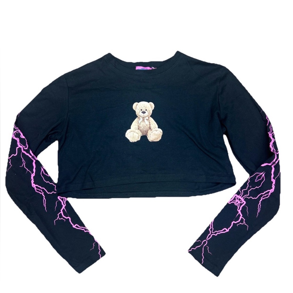 Edikted Bear & Thunder Graphic Print Black Long Sleeve Crop Top Size XS NWT